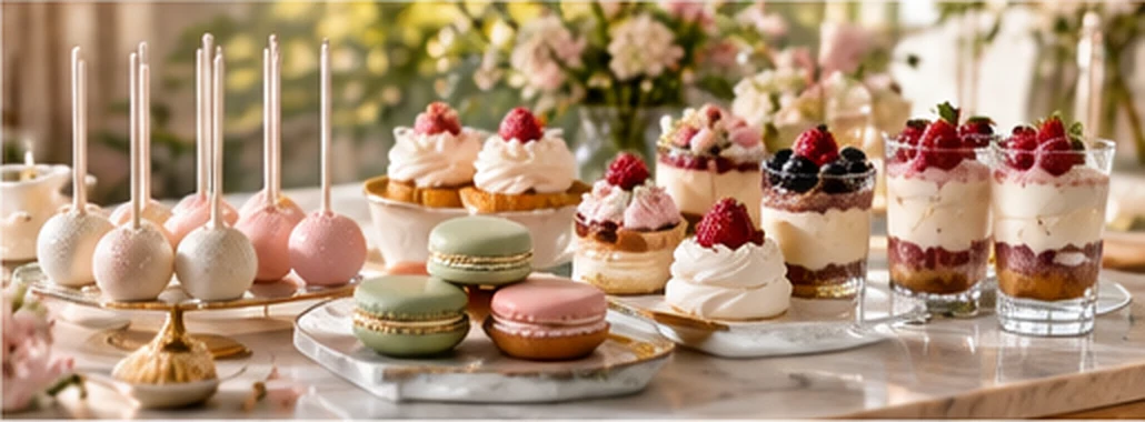 Słodki stół z makaronikami, cake popsami i deserami w szklankach