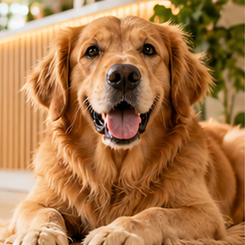 Uśmiechnięty golden retriever leżący w jasnej poczekalni kliniki