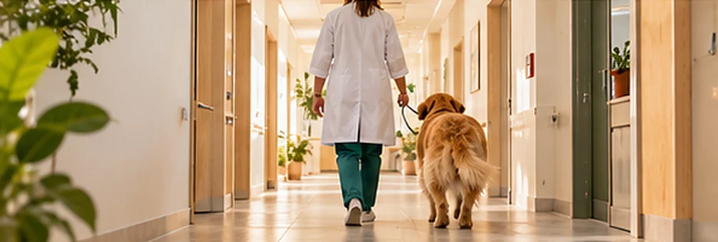 Lekarka w białym fartuchu prowadzi golden retrievera korytarzem