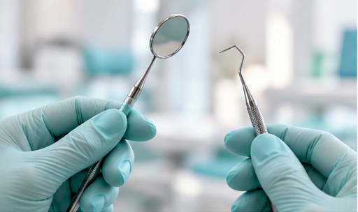 Dentysta w rękawiczkach trzyma lusterko